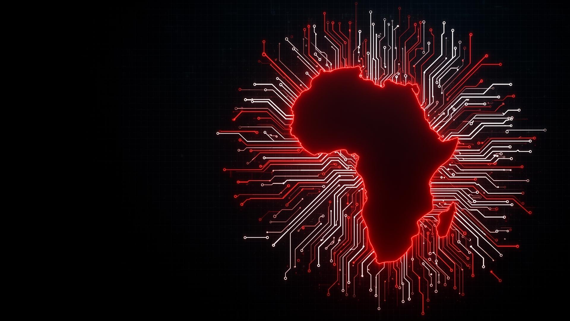 Glowing red Africa wired with circuit board chip connections symbolising pan-African digital infrastructure